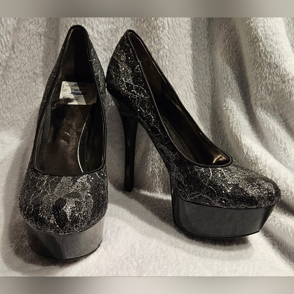 Carlos Black & Silver Lace Women's Platform Heels